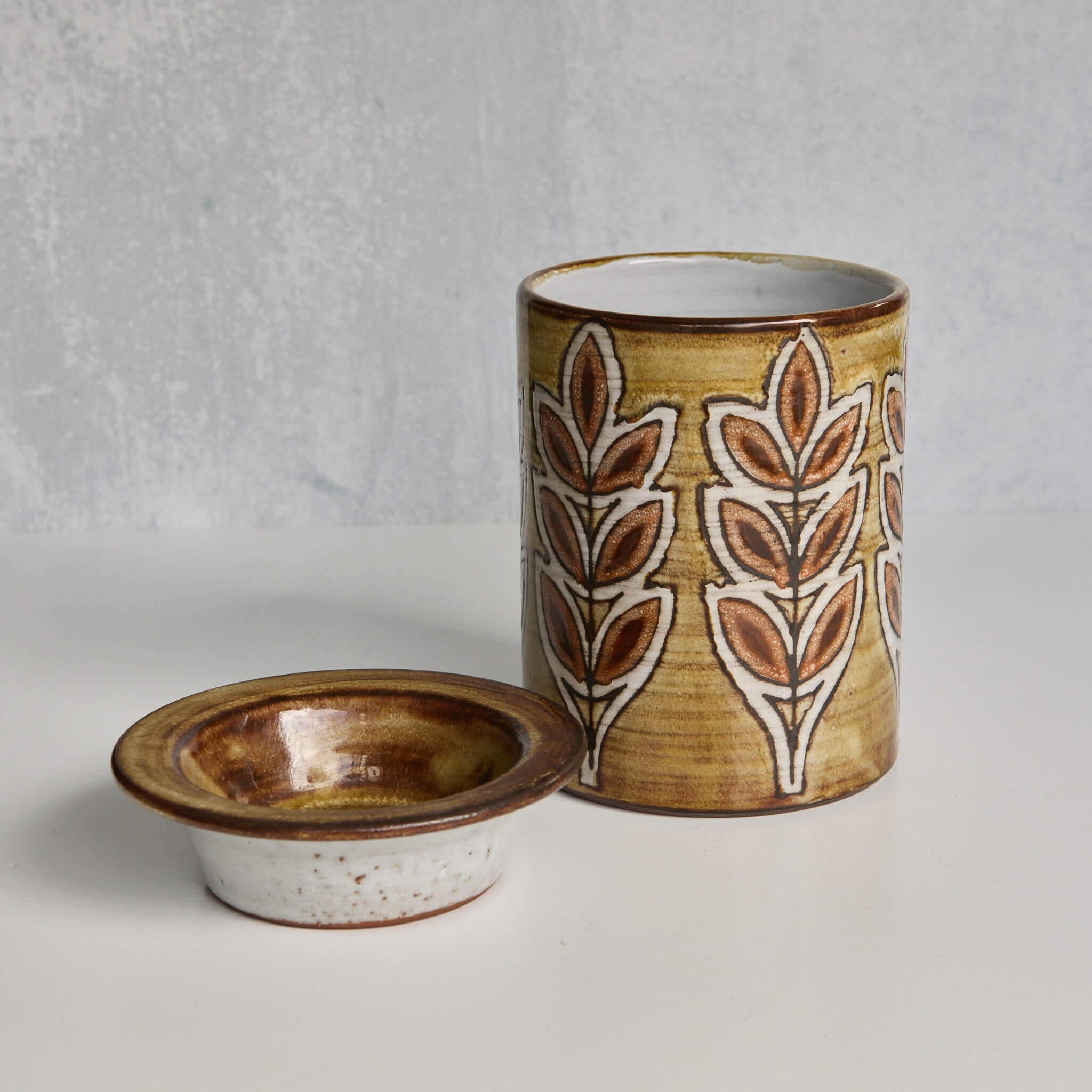Ceramic Malarmey lidded jar with leaf pattern on a gray background